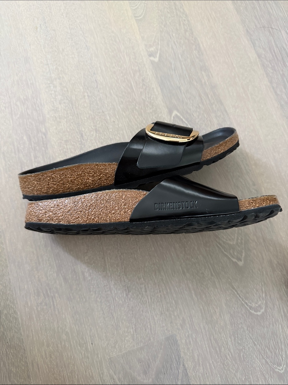 Birkenstock Black Patent Madrid Slides with Gold Buckles - Picture 5 of 8